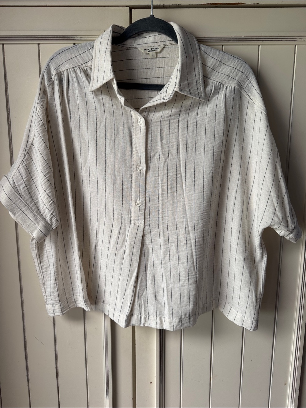 Boxy Striped Button-Up Shirt — Cream with Thin Black Stripes